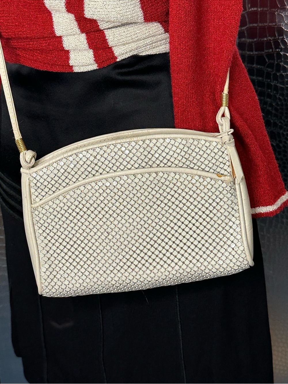 Whiting & Davis Off-White Metal Mesh Shoulder Bag